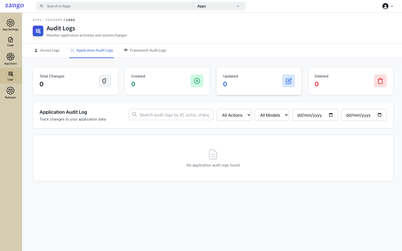 Application Audit Logs - Total Changes, Created, Updated, Deleted metrics