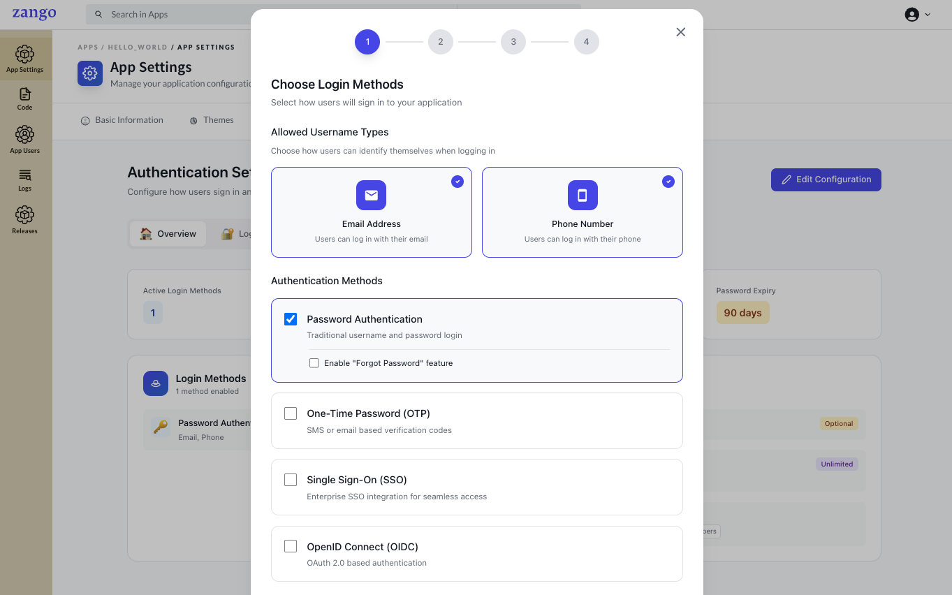 Choose Login Methods Modal - Shows available authentication providers and options