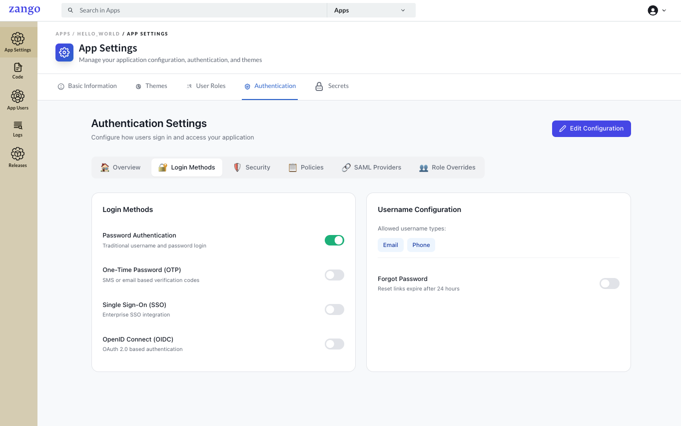 Login Settings Configuration - Shows detailed login configuration options with toggles and settings