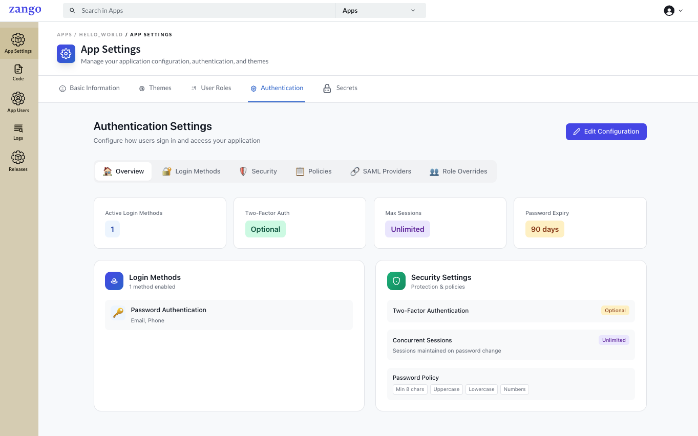 Authentication Settings Overview - Shows the main Authentication Settings dashboard