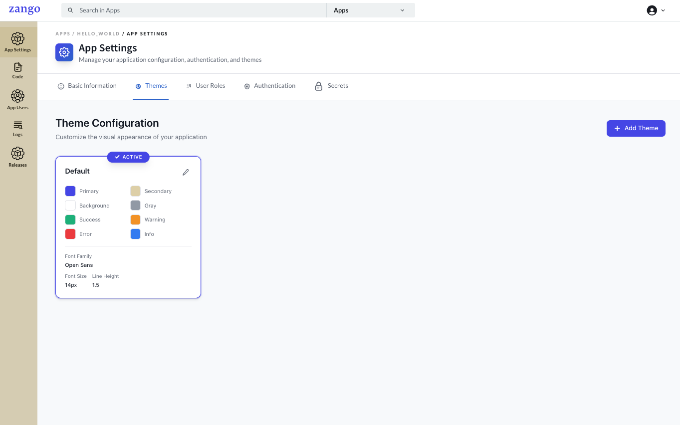 Theme Configuration - Default theme with color palettes and font settings