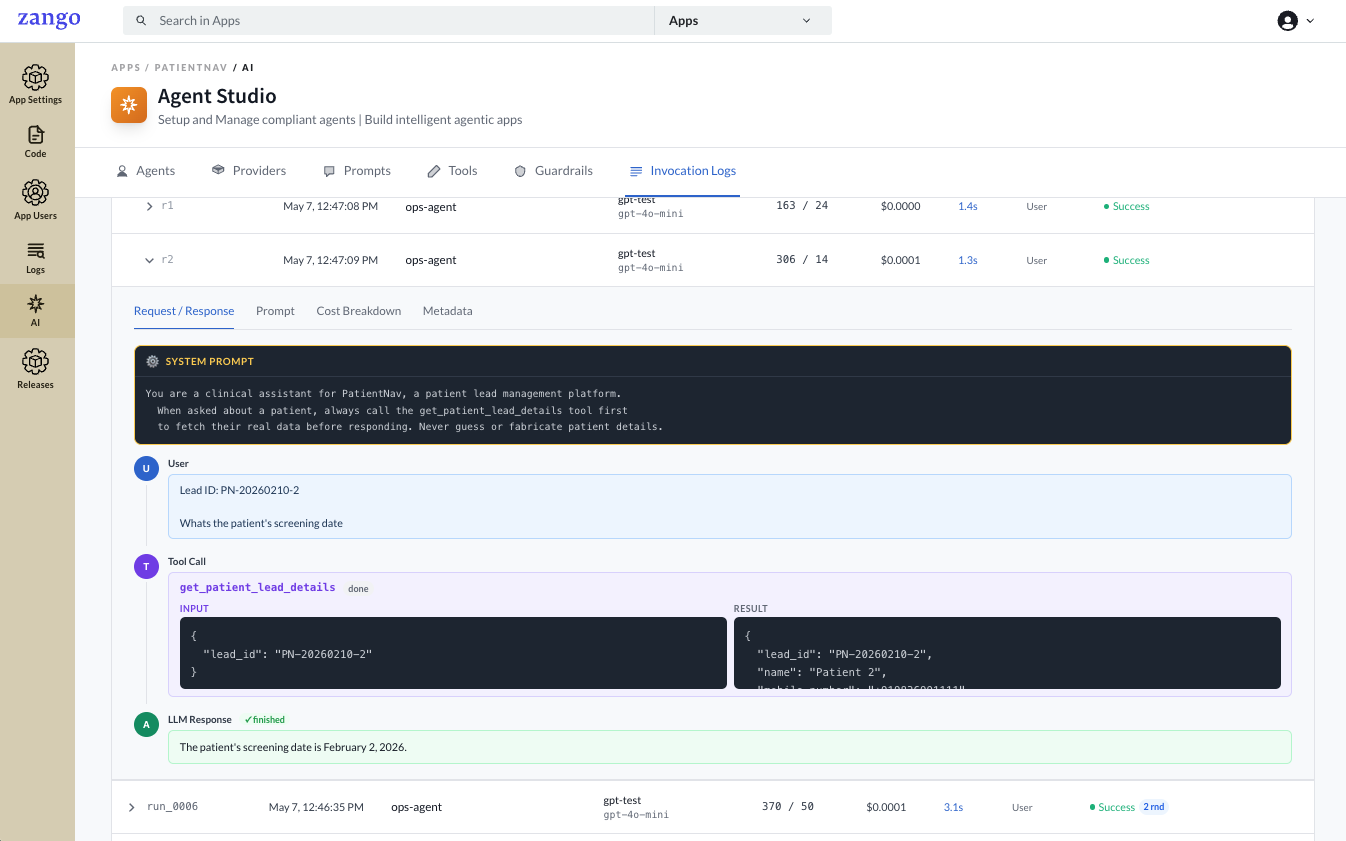 Request/Response tab — tool result and final response