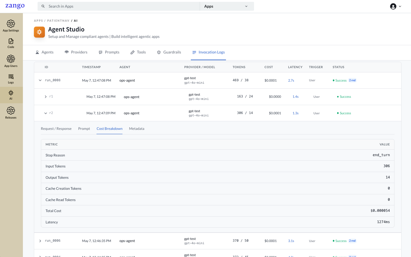 Cost Breakdown tab