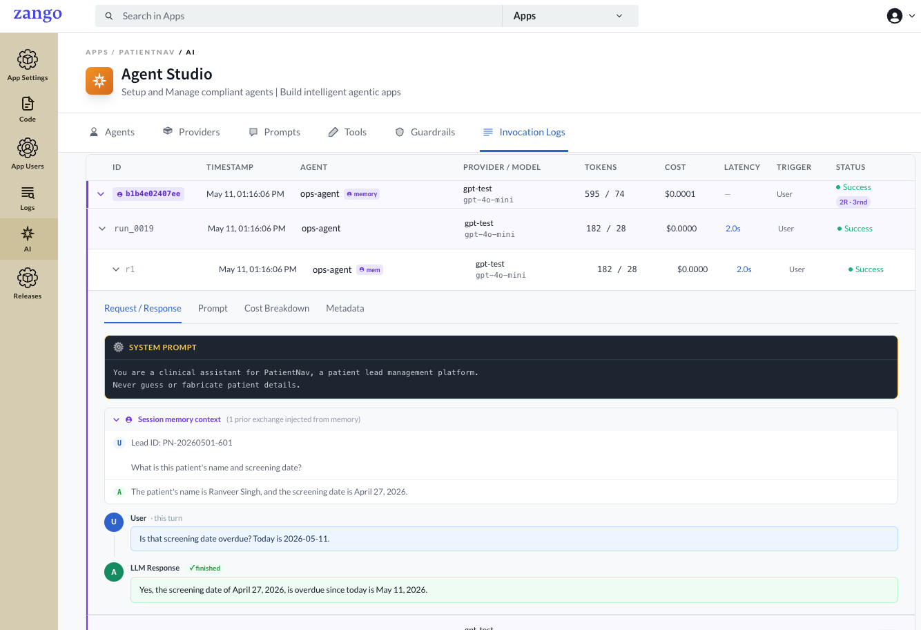 The invocation logs view in the App Panel