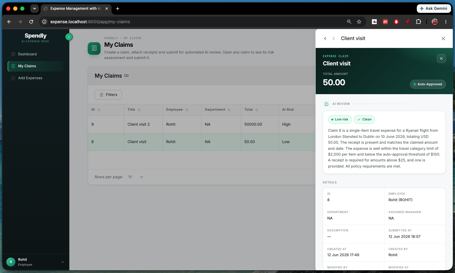 Claim detail with the AI review and verdict